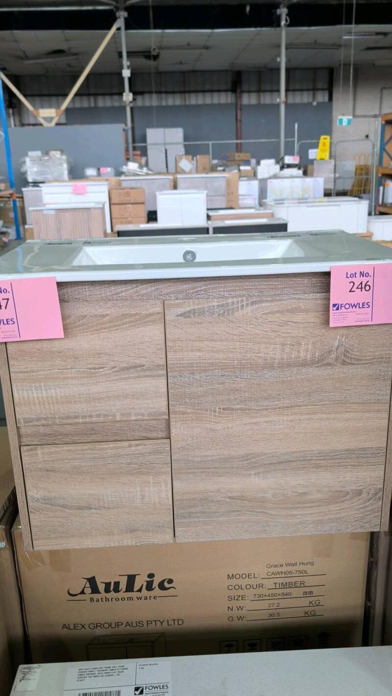 NEW GRACE 750MM WALL HUNG VANITY, OAK FINISH WITH LEFT HAND DRAWERS, WITH CRYSTAL WHITE CERAMIC TOP RRP$879 NEW GRACE 750MM WALL HUNG VANITY, OAK FINISH WITH LEFT HAND DRAWERS, WITH CRYSTAL WHITE CERAMIC TOP RRP$879