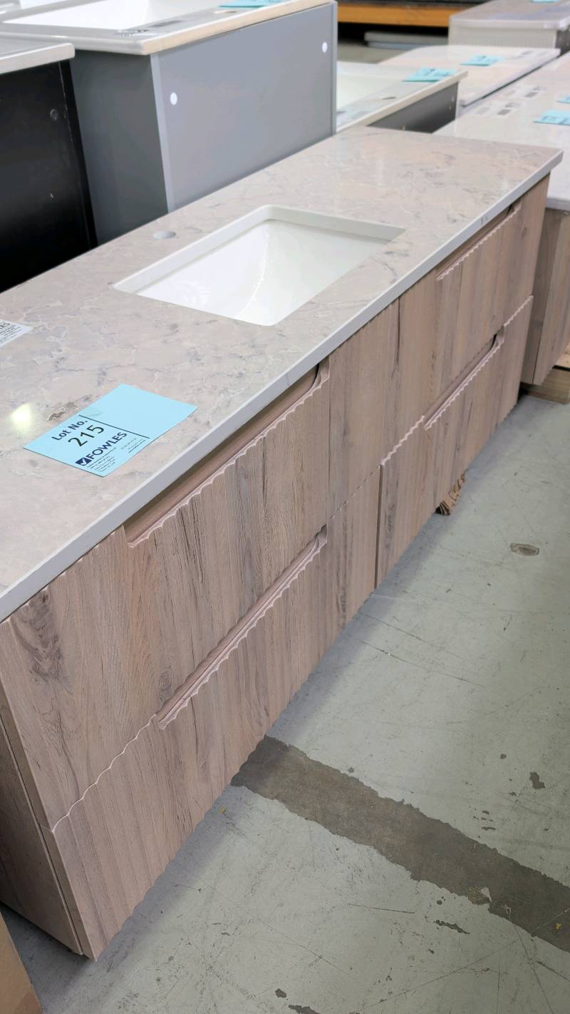 NEW AULIC TUSCANA 1500MM WALL HUNG VANITY, WOOD GRAIN GROOVE FINISH WITH SINGLE BOWL UNDERMOUNT BASIN, ALPINE WHITE STONE TOP RRP$3179 NEW AULIC TUSCANA 1500MM WALL HUNG VANITY, WOOD GRAIN GROOVE FINISH WITH SINGLE BOWL UNDERMOUNT BASIN, ALPINE WHITE STONE TOP RRP$3179