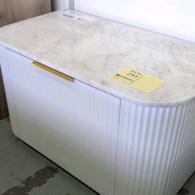 AULIC PETRA MARK II CURVED 900MM WALL HUNG VANITY, MATTE WHITE FLUTED SINGLE DRAWER CABINET WITH CURVED CATO STONE TOP CAWH402-900-ST26FT RRP$1995 AULIC PETRA MARK II CURVED 900MM WALL HUNG VANITY, MATTE WHITE FLUTED SINGLE DRAWER CABINET WITH CURVED CATO STONE TOP CAWH402-900-ST26FT RRP$1995