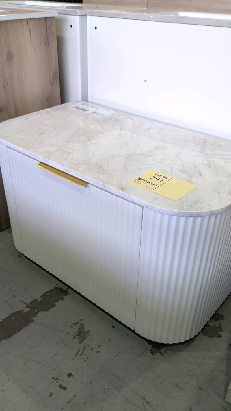 AULIC PETRA MARK II CURVED 900MM WALL HUNG VANITY, MATTE WHITE FLUTED SINGLE DRAWER CABINET WITH CURVED CATO STONE TOP CAWH402-900-ST26FT RRP$1995 AULIC PETRA MARK II CURVED 900MM WALL HUNG VANITY, MATTE WHITE FLUTED SINGLE DRAWER CABINET WITH CURVED CATO STONE TOP CAWH402-900-ST26FT RRP$1995
