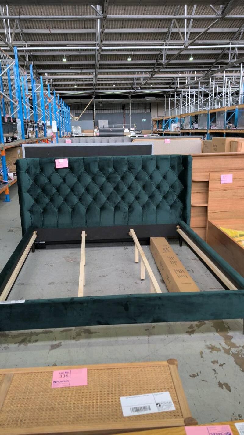 EX DISPLAY SIERRA GREEN VELVET KING SIZE BEDFRAME, SOLD AS IS EX DISPLAY SIERRA GREEN VELVET KING SIZE BEDFRAME, SOLD AS IS