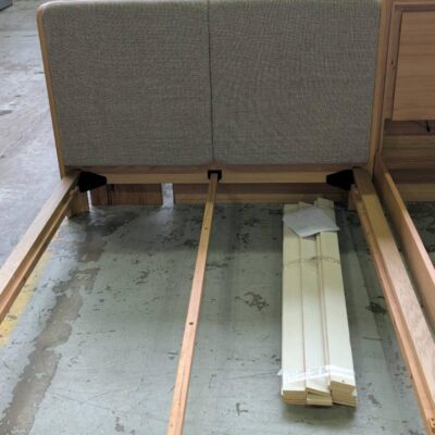 NEW LEONARD QUEEN SIZE BEDFRAME, AMERICAN OAK AND FABRIC, SOLD AS IS NEW LEONARD QUEEN SIZE BEDFRAME, AMERICAN OAK AND FABRIC, SOLD AS IS
