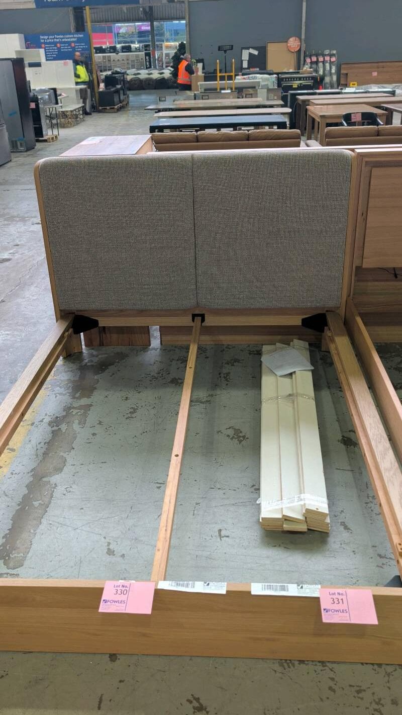 NEW LEONARD QUEEN SIZE BEDFRAME, AMERICAN OAK AND FABRIC, SOLD AS IS NEW LEONARD QUEEN SIZE BEDFRAME, AMERICAN OAK AND FABRIC, SOLD AS IS