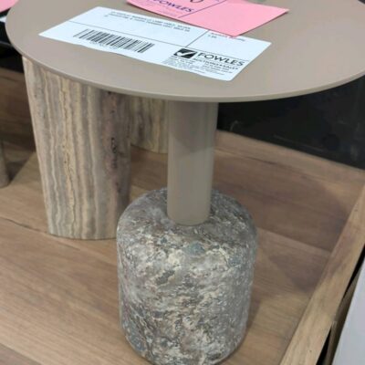 EX DISPLAY MARSEILLE LAMP TABLE, SILVER TRAVERTINE & TAUPE POWDER COAT SOLD AS IS