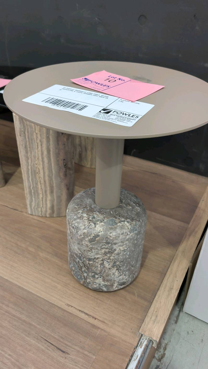 EX DISPLAY MARSEILLE LAMP TABLE, SILVER TRAVERTINE & TAUPE POWDER COAT SOLD AS IS EX DISPLAY MARSEILLE LAMP TABLE, SILVER TRAVERTINE & TAUPE POWDER COAT SOLD AS IS