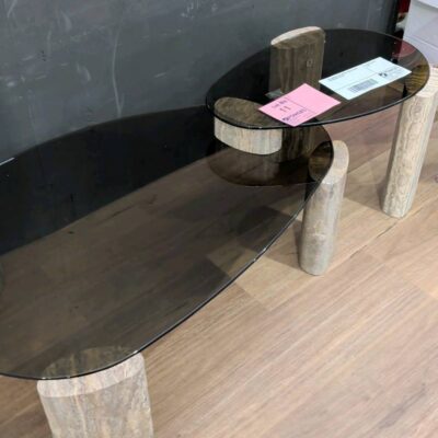 NEW MONTPELLIER NESTING TABLES, SILVER TRAVERTINE & GLASS