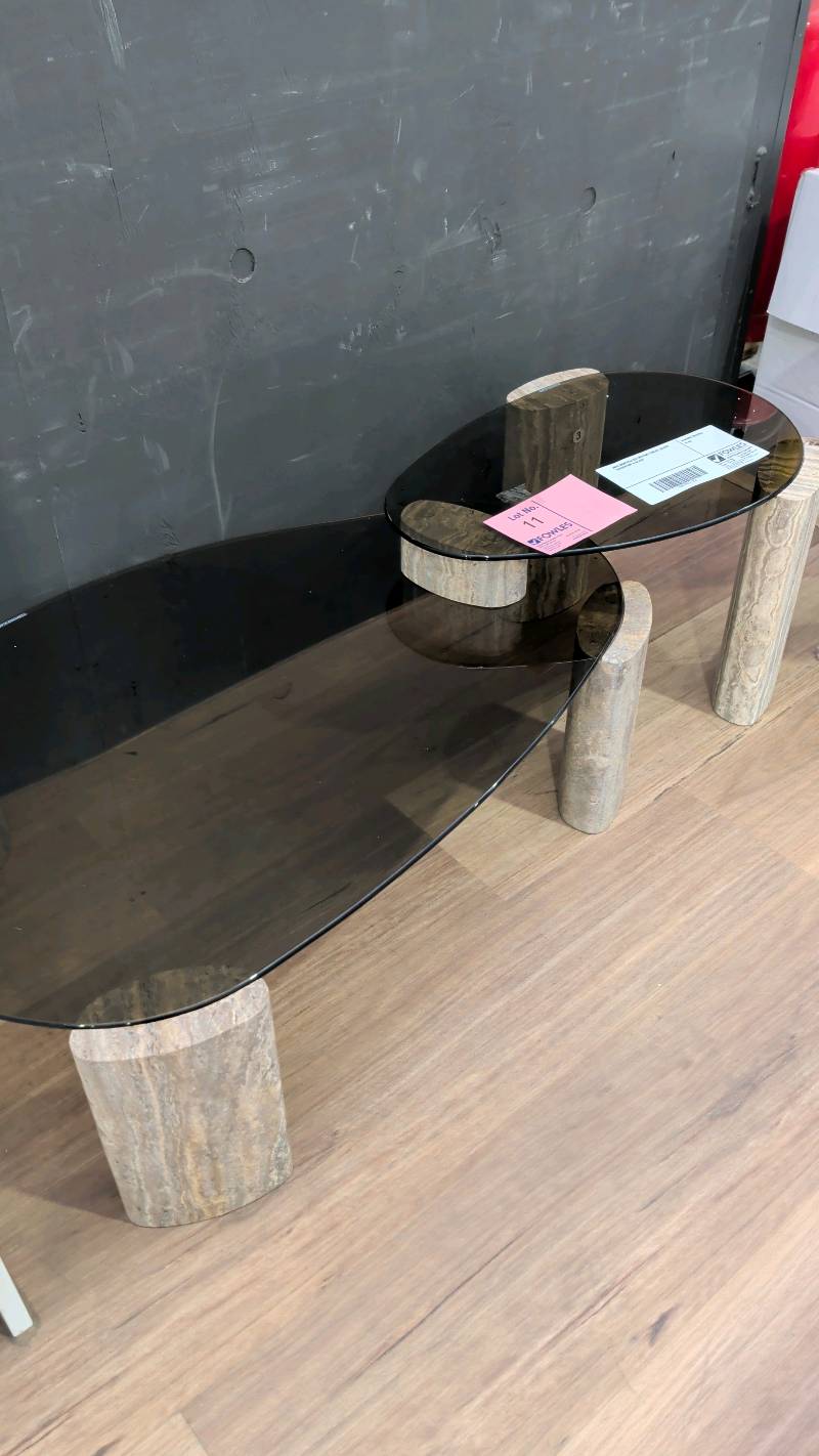 NEW MONTPELLIER NESTING TABLES, SILVER TRAVERTINE & GLASS NEW MONTPELLIER NESTING TABLES, SILVER TRAVERTINE & GLASS