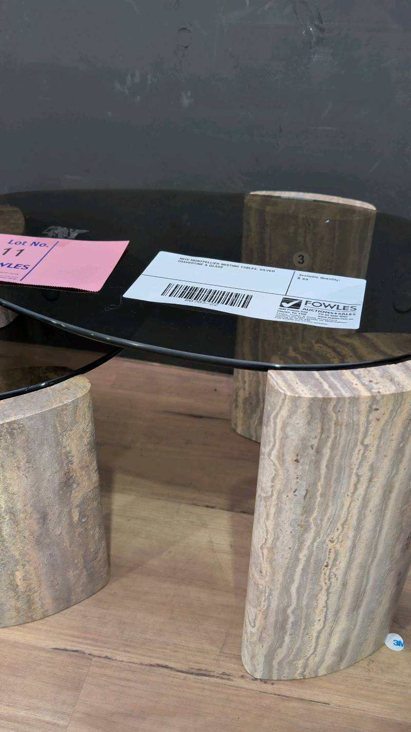 NEW MONTPELLIER NESTING TABLES, SILVER TRAVERTINE & GLASS NEW MONTPELLIER NESTING TABLES, SILVER TRAVERTINE & GLASS