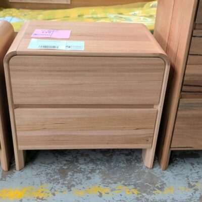 EX DISPLAY LENA BEDSIDE TABLE, CURVED EDGES, SLIGHT DENT REAR CORNER, SOLD AS IS