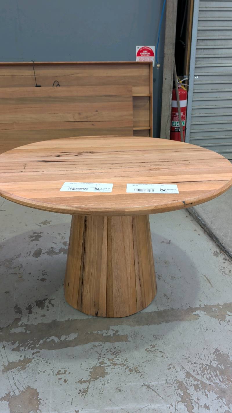 NEW OPAL WORMY CHESTNUT 1600MM ROUND DINING TABLE, WITH TAPERED PEDESTAL, SOLD AS IS NEW OPAL WORMY CHESTNUT 1600MM ROUND DINING TABLE, WITH TAPERED PEDESTAL, SOLD AS IS