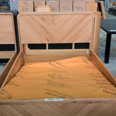 EX DISPLAY EVA QUEEN GAS LIFT BEDFRAME, HERRINGBONE DESIGN, CURVED BEDHEAD, MESSMATE TIMBER, SOLD AS IS
