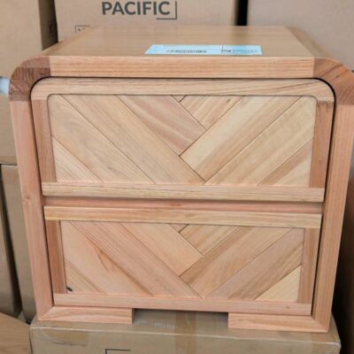 NEW EVA BEDSIDE TABLE, CURVED WITH HERRINGBONE DESIGN, MESSMATE TIMBER SOLD AS IS NEW EVA BEDSIDE TABLE, CURVED WITH HERRINGBONE DESIGN, MESSMATE TIMBER SOLD AS IS