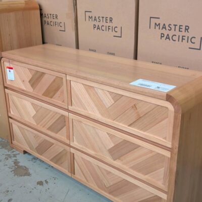 NEW EVA DRESSER, CURVED WITH HERRINGBONE DESIGN, MESSMATE TIMBER SOLD AS IS NEW EVA DRESSER, CURVED WITH HERRINGBONE DESIGN, MESSMATE TIMBER SOLD AS IS