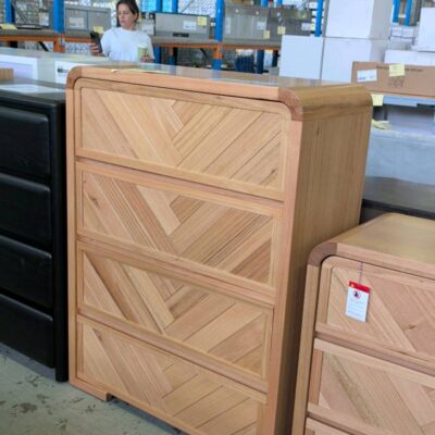 NEW EVA TALLBOY, CURVED WITH HERRINGBONE DESIGN, MESSMATE TIMBER SOLD AS IS NEW EVA TALLBOY, CURVED WITH HERRINGBONE DESIGN, MESSMATE TIMBER SOLD AS IS