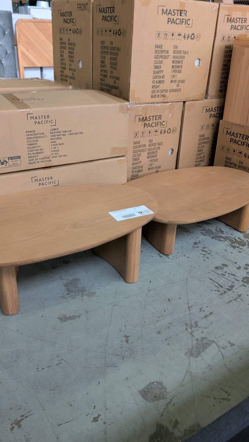NEW JAMES SET OF 2 NESTING TABLES, NATURAL OAK TIMBER SOLD AS IS NEW JAMES SET OF 2 NESTING TABLES, NATURAL OAK TIMBER SOLD AS IS