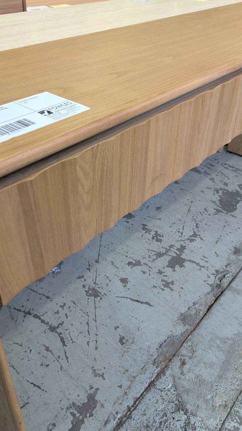 EX DISPLAY BOND 1800MM AMERICAN OAK CONSOLE TABLE, FLUTED TIMBER DRAWERS, SOLD AS IS *DAMAGED/SPLIT LEFT HAND SIDE SOLD AS IS* EX DISPLAY BOND 1800MM AMERICAN OAK CONSOLE TABLE, FLUTED TIMBER DRAWERS, SOLD AS IS *DAMAGED/SPLIT LEFT HAND SIDE SOLD AS IS*