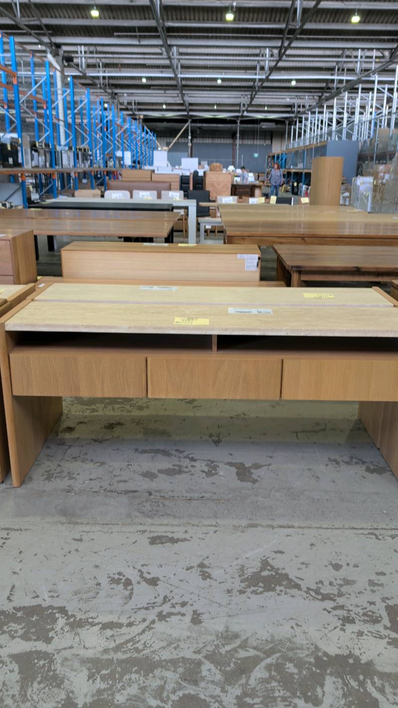 EX DISPLAY STELLA OAK NATURAL 1800MM CONSOLE WITH NATURAL TRAVERTINE TOP, *CRACKED TOP* SOLD AS IS EX DISPLAY STELLA OAK NATURAL 1800MM CONSOLE WITH NATURAL TRAVERTINE TOP, *CRACKED TOP* SOLD AS IS