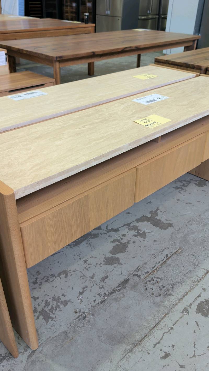 EX DISPLAY STELLA OAK NATURAL 1800MM CONSOLE WITH NATURAL TRAVERTINE TOP, *CRACKED TOP* SOLD AS IS EX DISPLAY STELLA OAK NATURAL 1800MM CONSOLE WITH NATURAL TRAVERTINE TOP, *CRACKED TOP* SOLD AS IS
