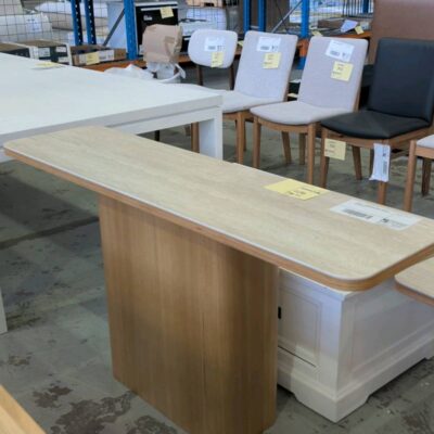 SAMPLE - LENORA HALL TABLE, CENTRAL PEDESTAL, TASMANIAN OAK WITH TRAVERTINE TOP, SOLD AS IS SAMPLE - LENORA HALL TABLE, CENTRAL PEDESTAL, TASMANIAN OAK WITH TRAVERTINE TOP, SOLD AS IS