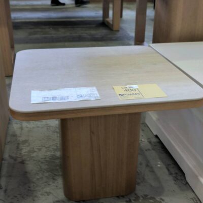 SAMPLE - LENORA LAMP TABLE, CENTRAL PEDESTAL, TASMANIAN OAK WITH TRAVERTINE TOP, SOLD AS IS