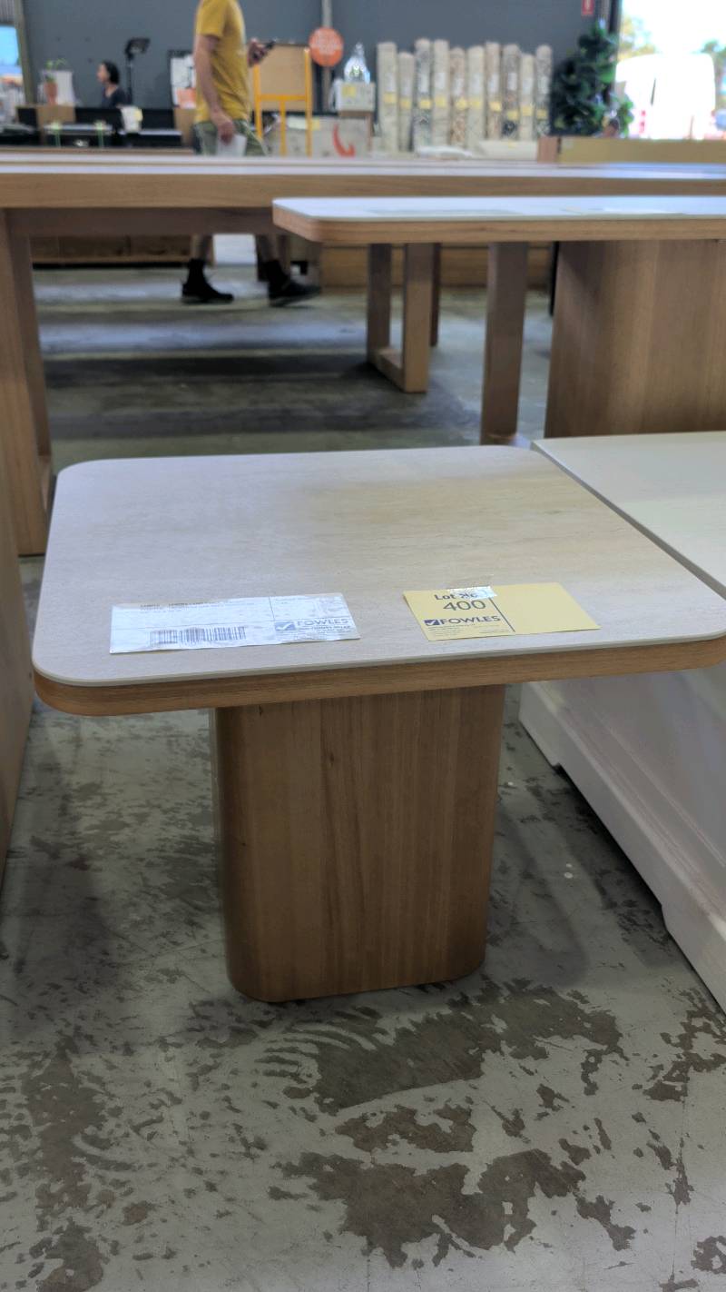SAMPLE - LENORA LAMP TABLE, CENTRAL PEDESTAL, TASMANIAN OAK WITH TRAVERTINE TOP, SOLD AS IS SAMPLE - LENORA LAMP TABLE, CENTRAL PEDESTAL, TASMANIAN OAK WITH TRAVERTINE TOP, SOLD AS IS