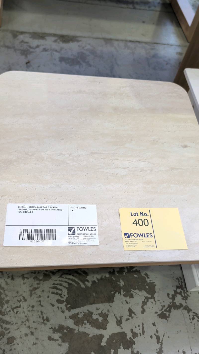 SAMPLE - LENORA LAMP TABLE, CENTRAL PEDESTAL, TASMANIAN OAK WITH TRAVERTINE TOP, SOLD AS IS SAMPLE - LENORA LAMP TABLE, CENTRAL PEDESTAL, TASMANIAN OAK WITH TRAVERTINE TOP, SOLD AS IS