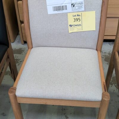 EX DISPLAY - TIMBER & BEIGE MATERIAL UPHOLSTERED DINING CHAIR AS IS