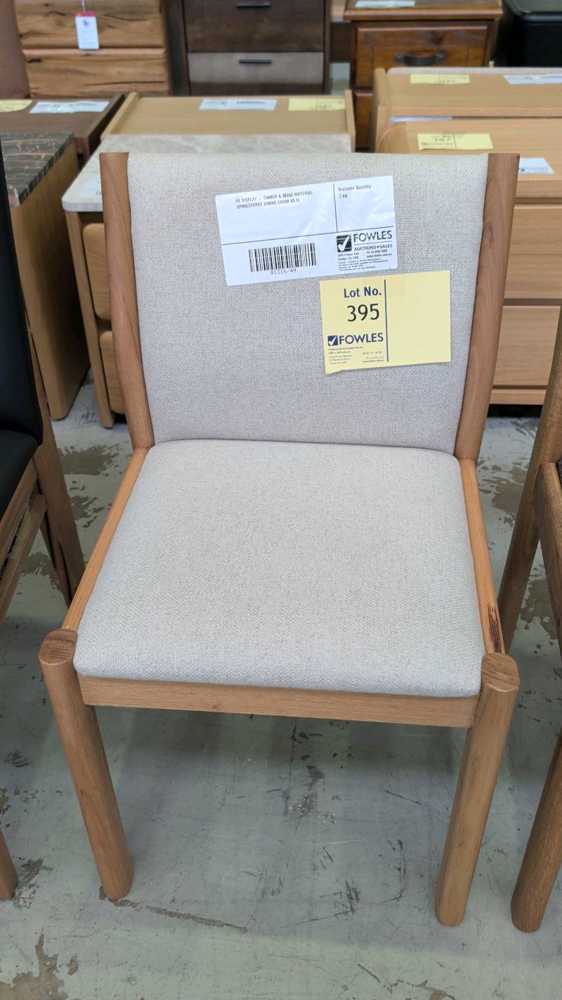 EX DISPLAY - TIMBER & BEIGE MATERIAL UPHOLSTERED DINING CHAIR AS IS EX DISPLAY - TIMBER & BEIGE MATERIAL UPHOLSTERED DINING CHAIR AS IS