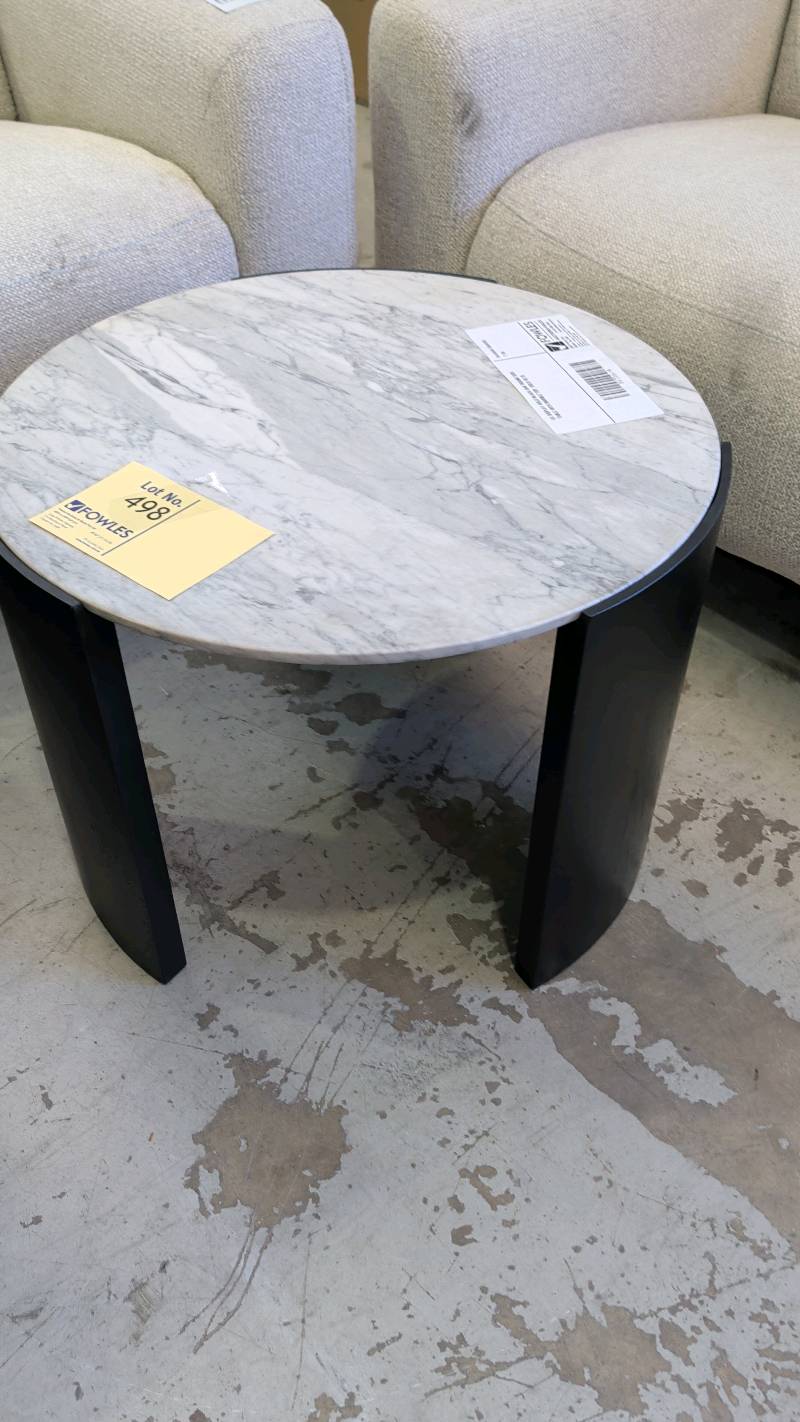 EX DISPLAY ARLO BLACK OAK ROUND SIDE TABLE WITH MARBLE TOP, SOLD AS IS EX DISPLAY ARLO BLACK OAK ROUND SIDE TABLE WITH MARBLE TOP, SOLD AS IS