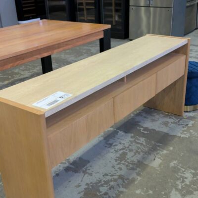 EX DISPLAY STELLA CONSOLE TABLE, NATURAL OAK & TRAVERTINE TOP, SOLD AS IS