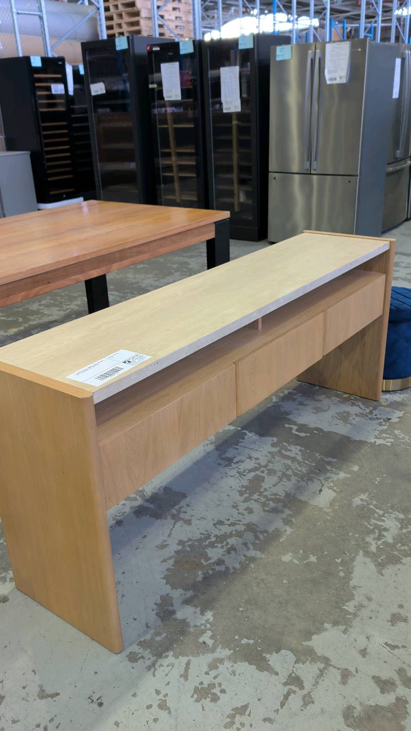 EX DISPLAY STELLA CONSOLE TABLE, NATURAL OAK & TRAVERTINE TOP, SOLD AS IS EX DISPLAY STELLA CONSOLE TABLE, NATURAL OAK & TRAVERTINE TOP, SOLD AS IS