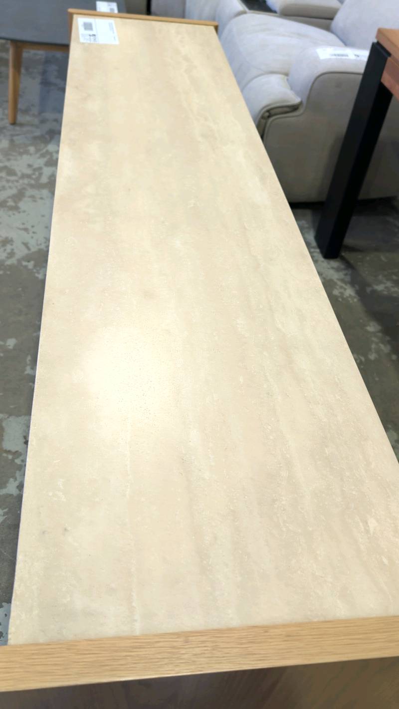 EX DISPLAY STELLA CONSOLE TABLE, NATURAL OAK & TRAVERTINE TOP, SOLD AS IS EX DISPLAY STELLA CONSOLE TABLE, NATURAL OAK & TRAVERTINE TOP, SOLD AS IS
