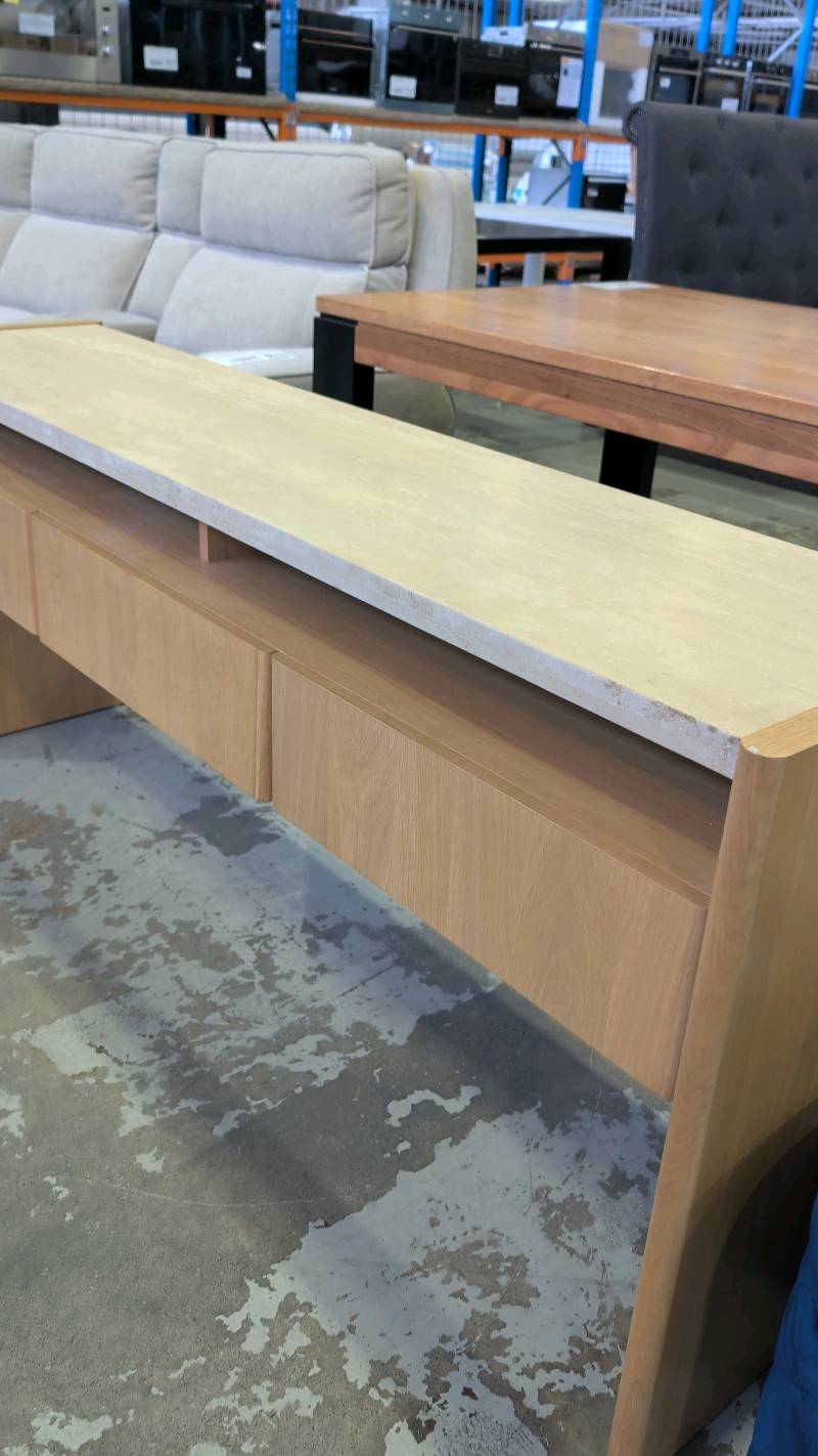 EX DISPLAY STELLA CONSOLE TABLE, NATURAL OAK & TRAVERTINE TOP, SOLD AS IS EX DISPLAY STELLA CONSOLE TABLE, NATURAL OAK & TRAVERTINE TOP, SOLD AS IS
