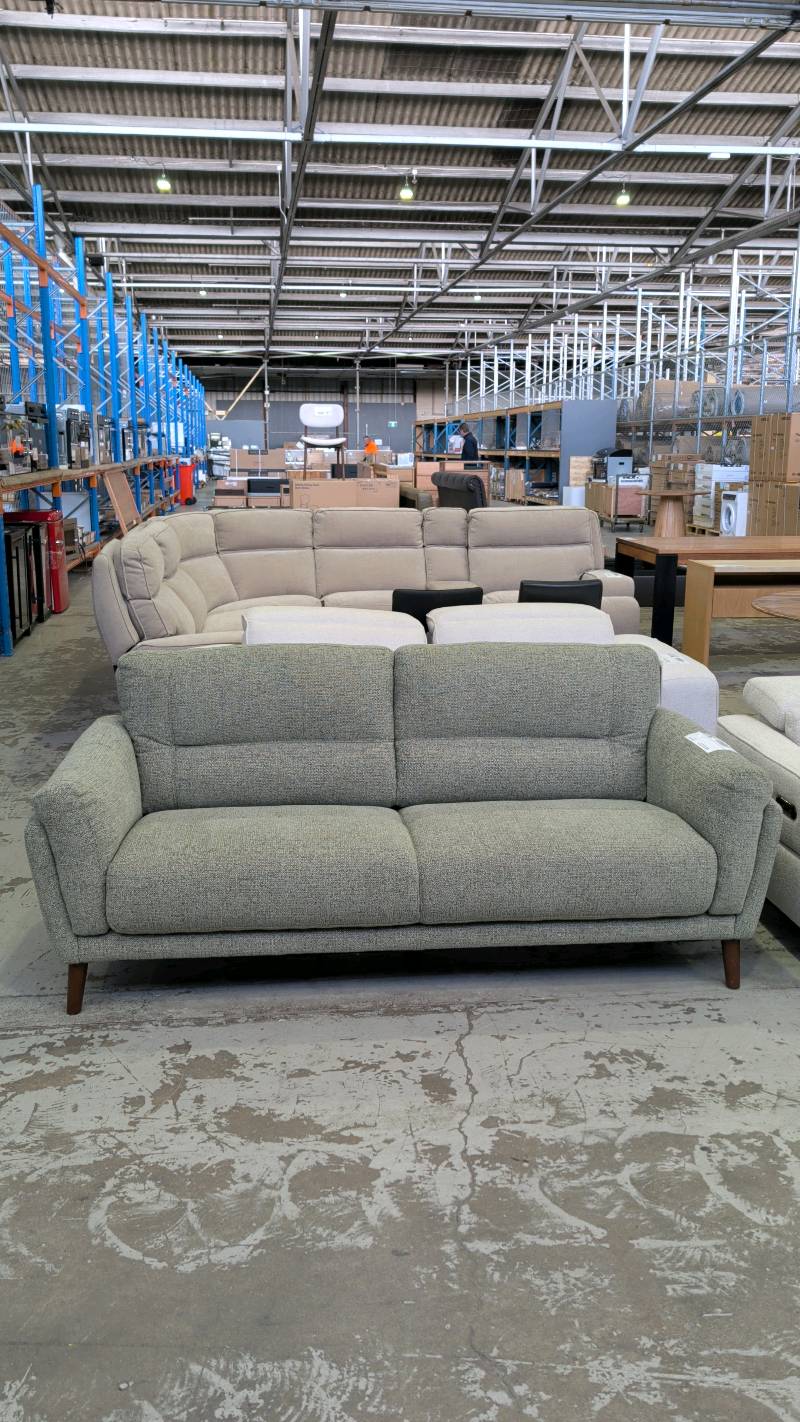 EX DISPLAY LOREO 3 SEATER COUCH, HONEYDEW FABRIC, SOLD AS IS EX DISPLAY LOREO 3 SEATER COUCH, HONEYDEW FABRIC, SOLD AS IS