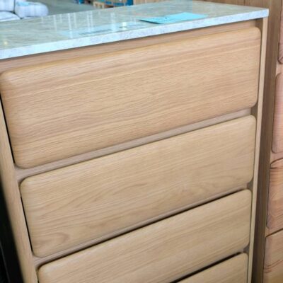 SAMPLE - ROS TALLBOY NATURAL OAK & TUNDRA MARBLE TOP, SOLD AS IS SAMPLE - ROS TALLBOY NATURAL OAK & TUNDRA MARBLE TOP, SOLD AS IS
