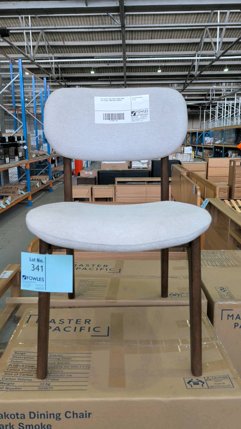 NEW DAKOTA DARK SMOKE DINING CHAIR, WITH CYGNET FABRIC SEAT RRP$349 NEW DAKOTA DARK SMOKE DINING CHAIR, WITH CYGNET FABRIC SEAT RRP$349