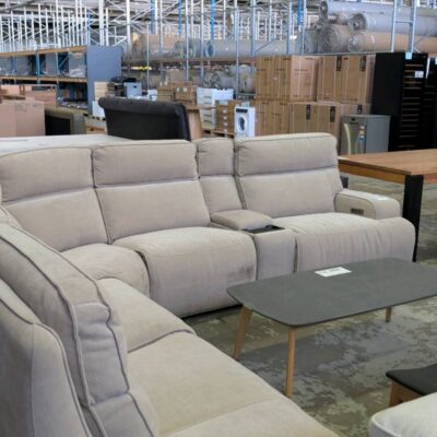 EX DISPLAY TAYLOR CORNER LOUNGE, SAND FABRIC, WITH 3 ELECTRIC RECLINERS AND STORAGE CONSOLE, SOLD AS IS **SOME MARKS ON 2 SECTIONS** EX DISPLAY TAYLOR CORNER LOUNGE, SAND FABRIC, WITH 3 ELECTRIC RECLINERS AND STORAGE CONSOLE, SOLD AS IS **SOME MARKS ON 2 SECTIONS**