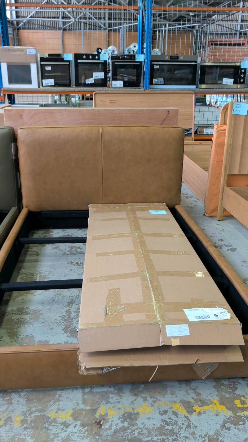 EX DISPLAY RALEIGH QUEEN SIZE BEDFRAME, CARAMEL LEATHER, SOLD AS IS EX DISPLAY RALEIGH QUEEN SIZE BEDFRAME, CARAMEL LEATHER, SOLD AS IS