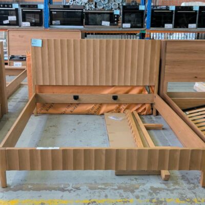 EX DISPLAY BOND AMERICAN OAK KING SIZE BEDFRAME, FLUTED TIMBER SOLD AS IS EX DISPLAY BOND AMERICAN OAK KING SIZE BEDFRAME, FLUTED TIMBER SOLD AS IS