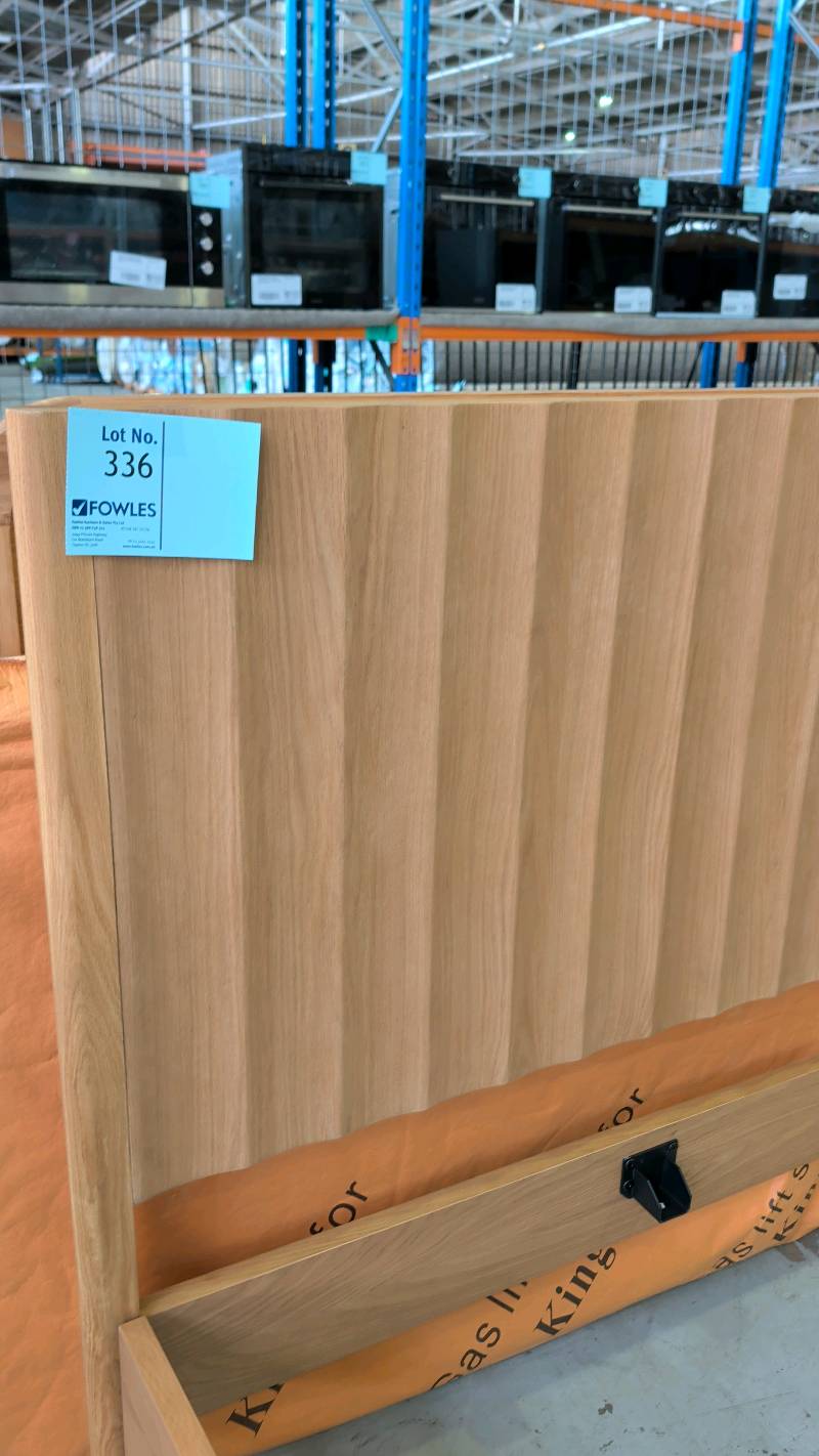 EX DISPLAY BOND AMERICAN OAK KING SIZE BEDFRAME, FLUTED TIMBER SOLD AS IS EX DISPLAY BOND AMERICAN OAK KING SIZE BEDFRAME, FLUTED TIMBER SOLD AS IS